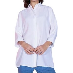 ZARA Women's Button Down White Shirt Classic 3/4 Sleeve Collared Tops Office XL